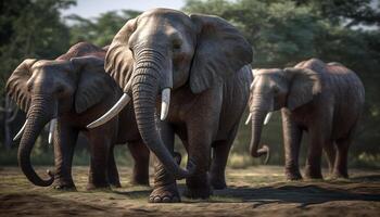 africano elefante mandria a piedi attraverso il savana generato di ai foto