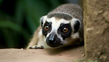 in via di estinzione squillare dalla coda lemure guarda a telecamera generato di ai foto