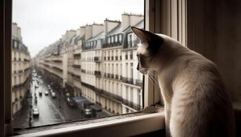 carino gattino seduta su finestra davanzale, Guardando paesaggio urbano generato di ai foto