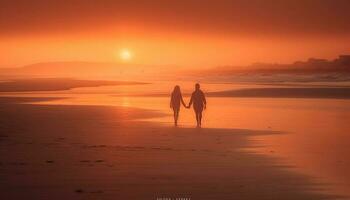 tramonto silhouette coppia abbracci, felicità nel natura generato di ai foto