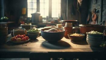 fresco biologico vegetariano pasto preparato nel rustico domestico cucina ciotola generato di ai foto