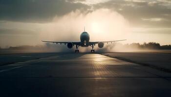 aereo assunzione via a crepuscolo, volante in direzione il tramonto cielo generato di ai foto