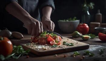 fresco vegetariano insalata con biologico ingredienti, affettato ciliegia pomodori e erbe aromatiche generato di ai foto