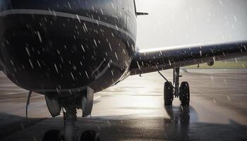 volante aereo assunzione via a partire dal aeroporto pista di decollo con moderno tecnologia generato di ai foto