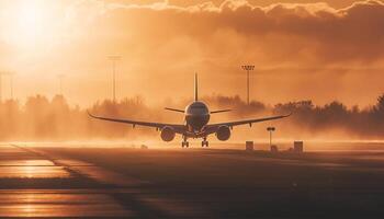 silhouette di commerciale aereo assunzione via a tramonto, trasporto viaggiatori generato di ai foto