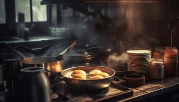 salutare pasto preparazione nel un' metallico domestico cucina con fiamma calore generato di ai foto