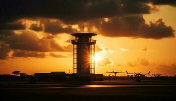 silhouette di aereo indietro illuminato di vivace tramonto cielo generato di ai foto