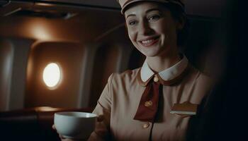 uno riuscito donna d'affari Tenere caffè tazza, in piedi nel aereo cabina generato di ai foto