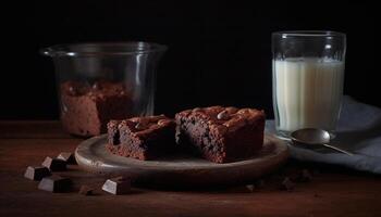 appena al forno cioccolato folletto buono su rustico legna tavolo con latte generato di ai foto