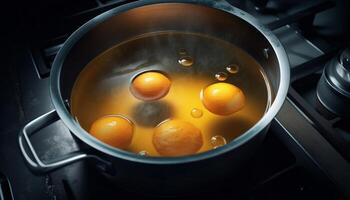 salutare pasto preparazione su inossidabile acciaio stufa superiore nel domestico cucina generato di ai foto