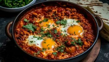 rustico Shakshuka con fritte uovo, pomodoro, e fresco erbe aromatiche generato di ai foto