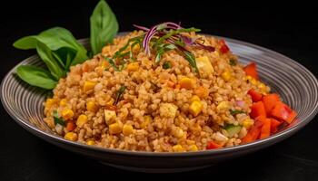 fresco vegetariano risotto con carota, pomodoro, e campana Pepe contorno generato di ai foto