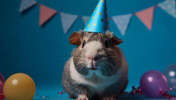 carino giovane coniglio celebra compleanno con colorato decorazioni e i regali generato di ai foto