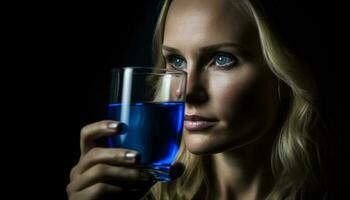 uno giovane adulto donna Tenere un' rinfrescante blu bere, sorridente generato di ai foto