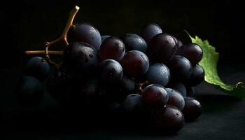 succoso uva grappoli maturo per vinificazione su buio vigneto sfondo generato di ai foto