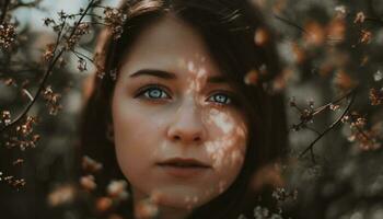 bellissimo giovane donna sorridente, godendo natura bellezza nel primavera foresta generato di ai foto