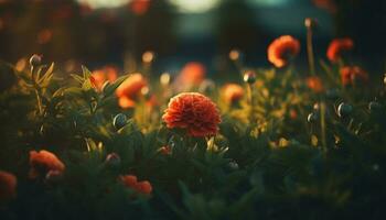 vivace Fiore di campo prato nel estate tramonto, bellezza nel natura colori generato di ai foto