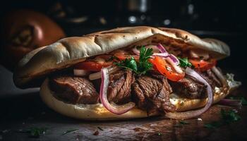 grigliato Manzo hamburger su Ciabatta con fresco pomodoro e cipolla generato di ai foto