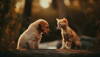 giocoso cucciolo e gattino seduta all'aperto, godendo natura bellezza generato di ai foto