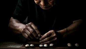 anziano uomo giocando domino con concentrazione, Tenere antidolorifico per tempo libero generato di ai foto