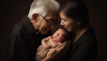 Multi generazione famiglia Abbracciare una persona nel un' studio sparo, radiante amore generato di ai foto