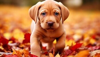 carino di razza cane da riporto cucciolo giocando nel autunno foresta luce del sole generato di ai foto