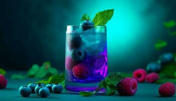 rinfrescante estate Mojito cocktail con lampone e menta foglia contorno generato di ai foto