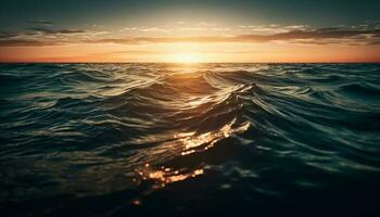 vivace tramonto al di sopra di tranquillo acqua, riflettendo il bellezza nel natura generato di ai foto