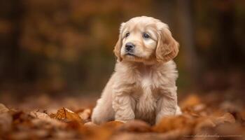 carino cucciolo seduta nel autunno erba, guardare giocoso e soffice generato di ai foto