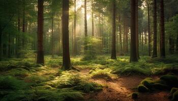 tranquillo foresta sentiero conduce per misterioso giallo felce nel alba generato di ai foto