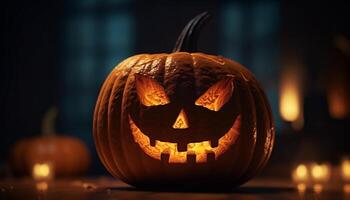 raggiante zucca lanterne illuminare il spaventoso Halloween notte celebrazione generato di ai foto