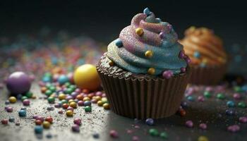 Multi colorato cupcakes con cioccolato glassatura, Perfetto per un' celebrazione generato di ai foto