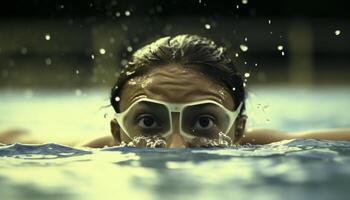 caucasico bambino sorridente, godendo estate vacanze nuoto nel piscina acqua generato di ai foto