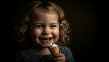 carino caucasico ragazza sorridente mentre mangiare dolce ghiaccio crema cono generato di ai foto