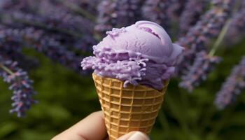 mano Tenere viola ghiaccio crema cono con fresco frutta condimenti generato di ai foto