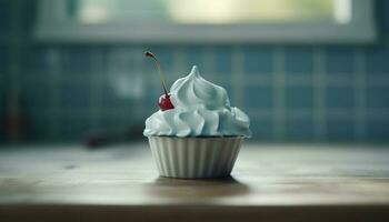 carino Cupcake con frustato crema e bacca frutta decorazione su tavolo generato di ai foto