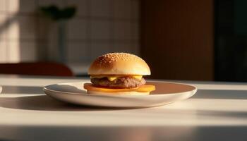 grigliato hamburger al formaggio pasto su tavolo con fresco pomodoro e patatine fritte generato di ai foto