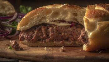 grigliato Manzo hamburger su Ciabatta con fresco pomodoro e Cheddar formaggio generato di ai foto