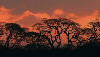 silhouette di acacia albero nel africano savana a tramonto generato di ai foto