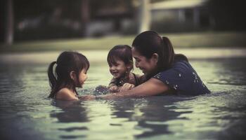 contento famiglia gode estate divertimento nel il piscina insieme all'aperto generato di ai foto