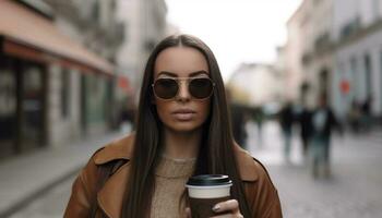 uno giovane donna, fiducioso e alla moda, a piedi con caffè tazza generato di ai foto