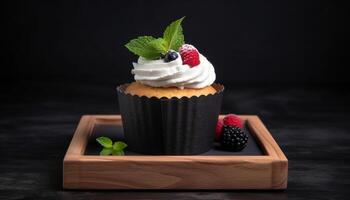 appena al forno bacca cupcakes con lampone e mirtillo glassatura decorazione generato di ai foto