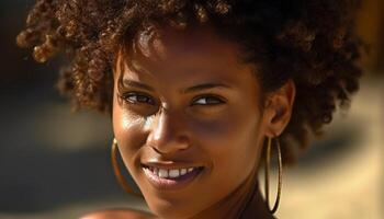 sorridente giovane africano americano donna con Riccio capelli guardare a telecamera all'aperto generato di ai foto