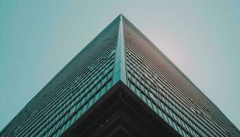moderno grattacielo riflette futuristico design nel geometrico acciaio facciata generato di ai foto