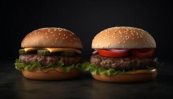 grigliato Manzo hamburger con formaggio, pomodoro, cipolla su sesamo ciambella generato di ai foto