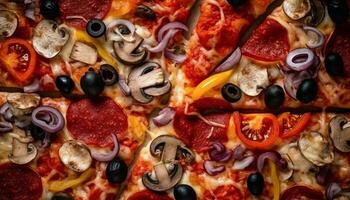 rustico italiano Pizza con fresco Mozzarella, salame, e verdure generato di ai foto