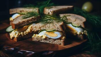 appena grigliato Ciabatta Sandwich con biologico verdure su rustico legna generato di ai foto