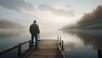 uno persona in piedi su molo, pesca nel tranquillo autunno paesaggio generato di ai foto