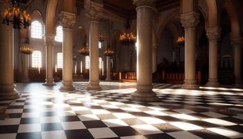 maestoso Cattedrale con illuminato archi e antico pietra colonne generato di ai foto