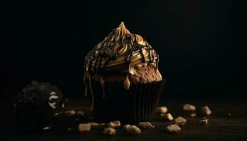 fatti in casa cioccolato Cupcake con cremoso glassatura su rustico di legno tavolo generato di ai foto